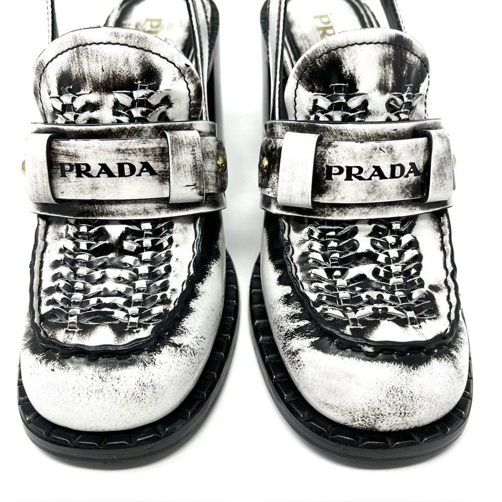 RARE Prada SS20 White Black Logo Brushed Leather Slingback Loafers Heels 39 9 - Picture 5 of 13